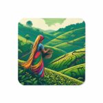 a woman in a colorful dress carrying a basket in a tea plantation
