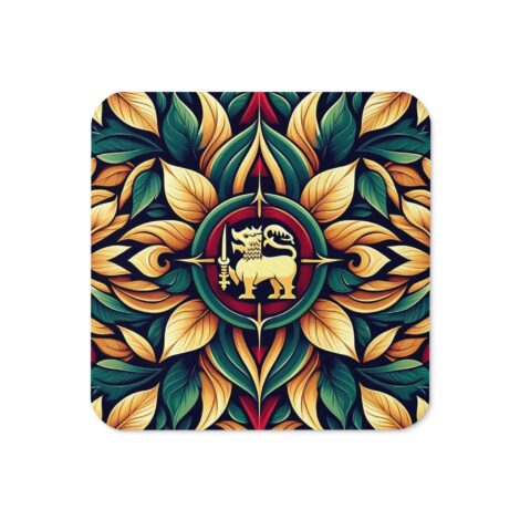 a square coaster with a pattern of leaves and an animal