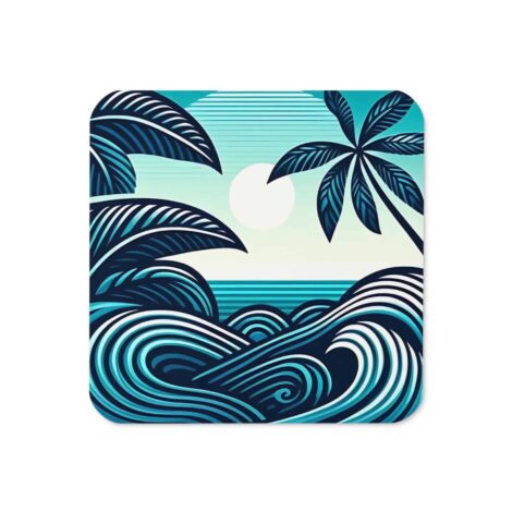a square coaster with palm trees and waves