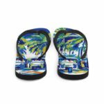 Paradise Palms flip-flops showcasing traditional tuk-tuk artwork in vibrant colours