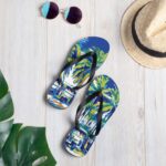 Waterproof beach flip-flops with cultural Sri Lankan tuk-tuk motifs