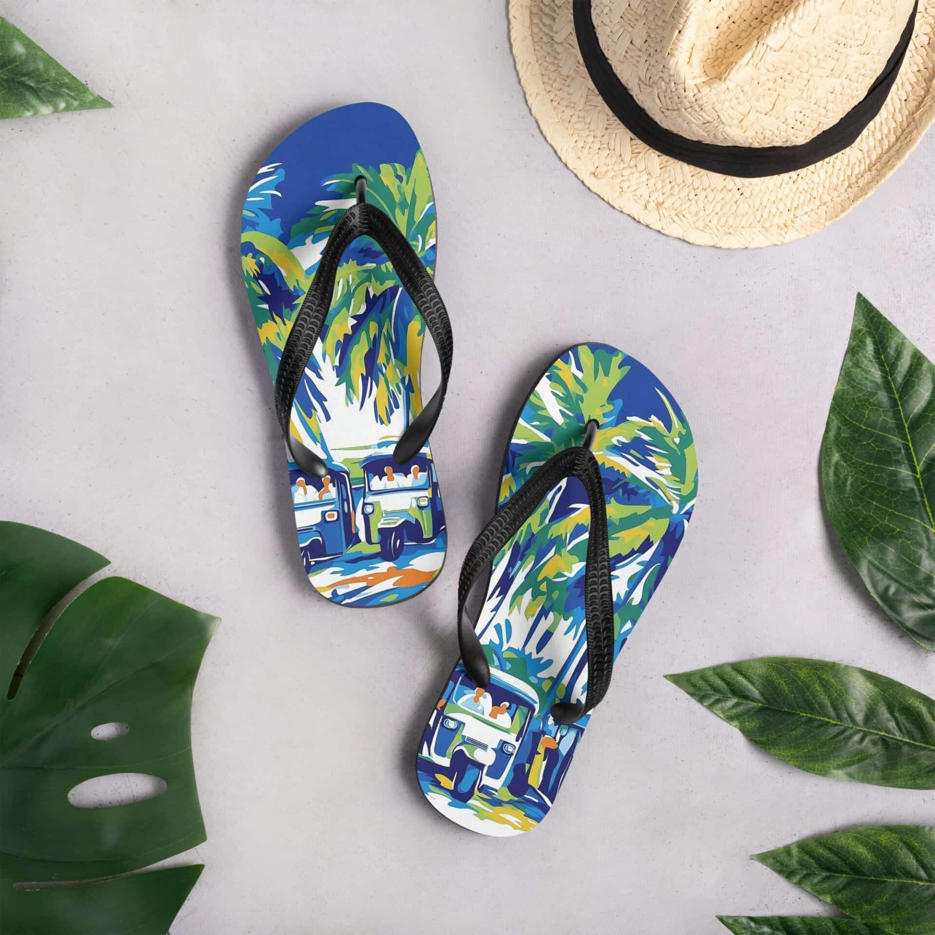 Custom-made tuk-tuk flip-flops with durable rubber sole and fabric lining