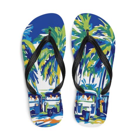 Comfortable Sri Lankan flip-flops featuring iconic tuk-tuk artwork for summer wear