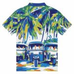 Paradise Palms tuk-tuk polo shirt showcasing white button placket detail