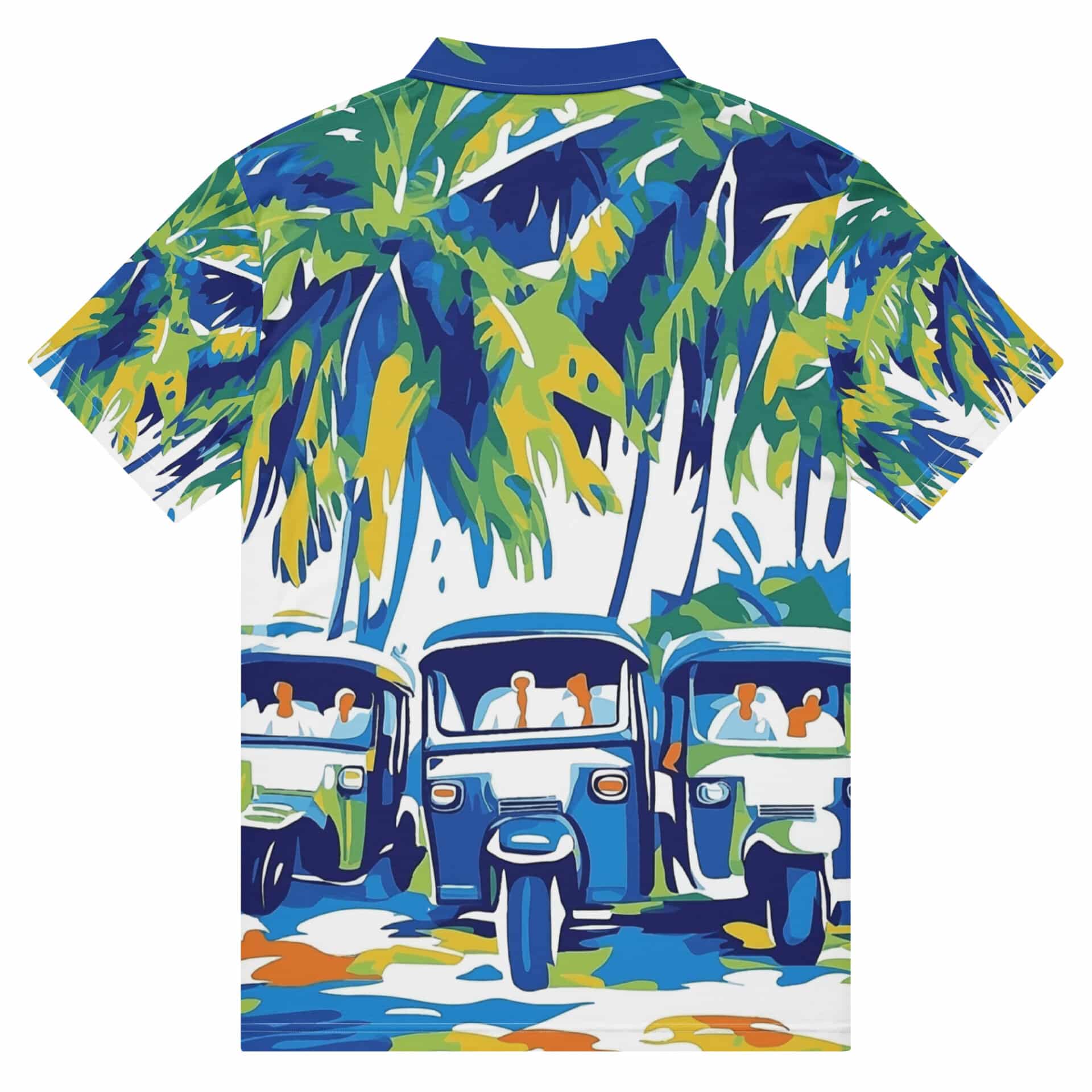 Paradise Palms tuk-tuk polo shirt showcasing white button placket detail