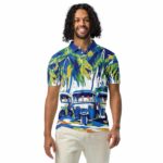 Men's slim fit Sri Lankan polo shirt featuring traditional tuk-tuk artwork