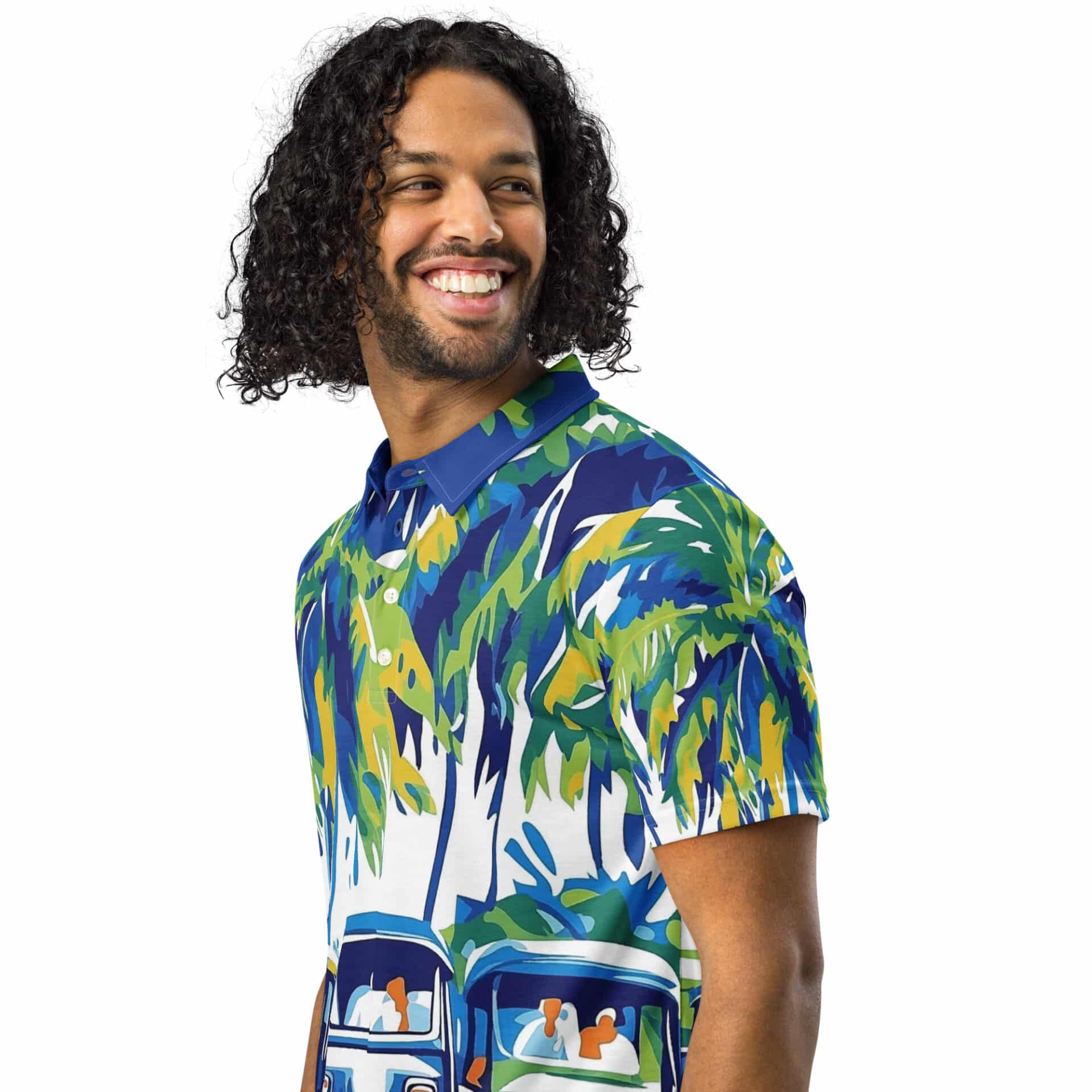 Men's slim fit polo featuring traditional Sri Lankan tuk-tuk motif