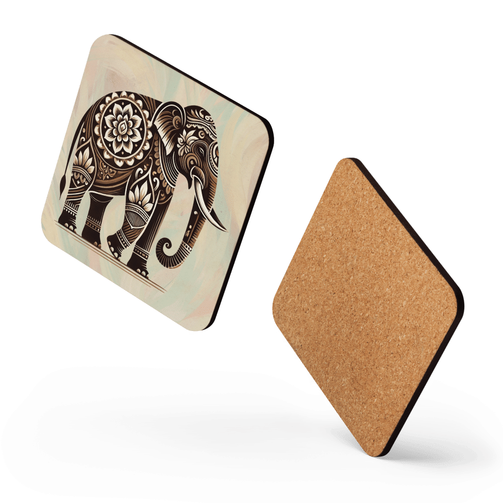Sri Lankan Coasters set featuring Elephant Mandala Cork-back Coaster