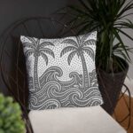 Ocean Waves and Palm Trees Pillow on armchair