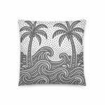 Ocean Waves and Palm Trees Pillow against neutral background