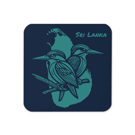 A Midnight Kingfisher Coaster with a stylised two-bird design on a dark navy surface.