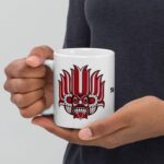 White ceramic Yaka Mug with colourful traditional Sri Lankan art