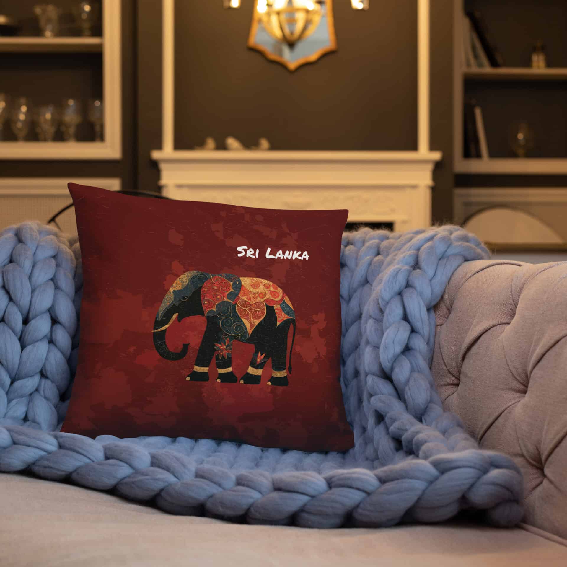 A curated display of authentic Sri Lankan Merch, featuring the Cinnamon Tusker Pillow prominently.