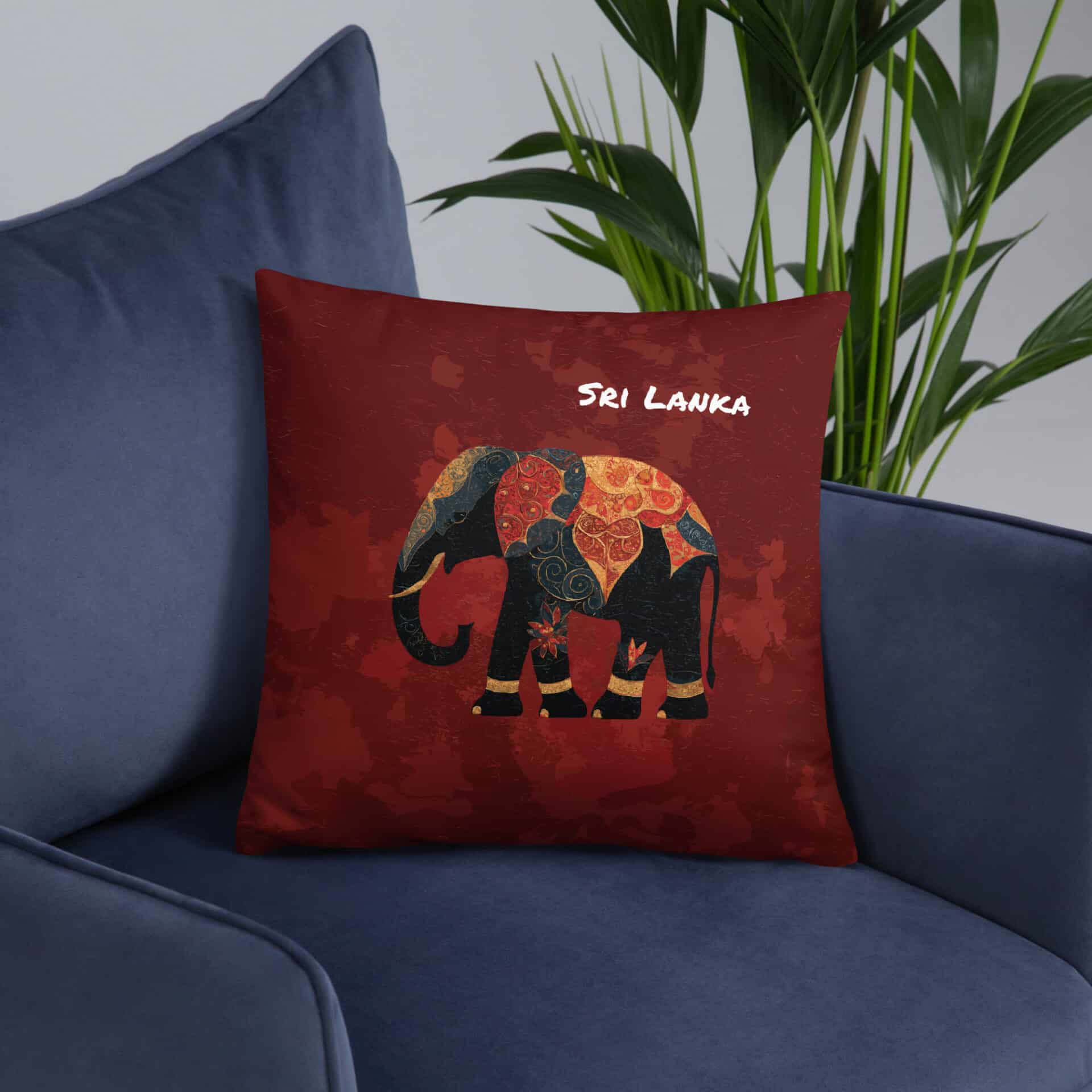 A lifestyle image showcasing the Cinnamon Tusker Pillow as the perfect piece of Sri Lankan home decor.