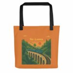 Detailed close-up of the Nine Arches Bridge artwork on the black tote bag.