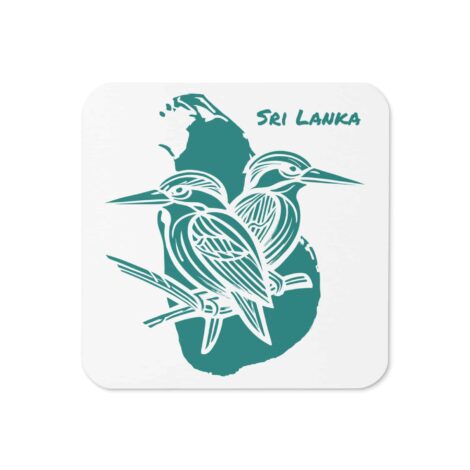 Home 7 14 Sri Lankan Kingfisher Coaster Daylight on a timber coffee table, high‑gloss finish catching light