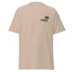 Detail shot of Keep It Lankan palm embroidery and text - quality Sri Lankan t-shirts